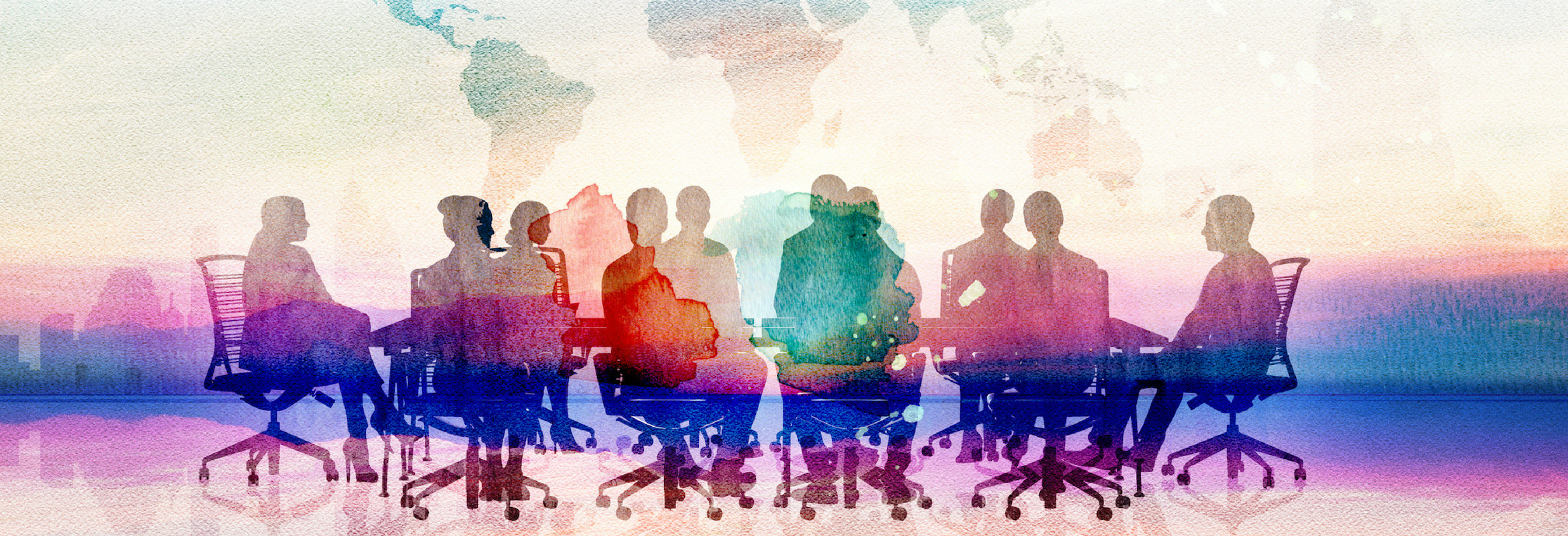 An image of people around a conference table with watercolor overlay.